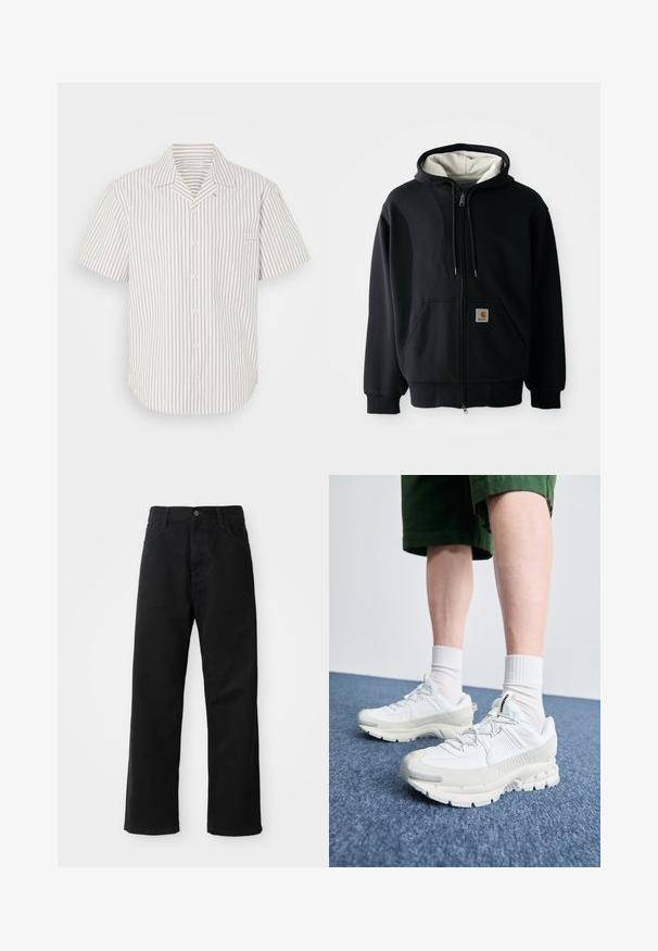 Mustmust mustriide, millel on valge vooder, eest taskud, reguleeritav kapuuts ja väike logo plaastriga vasakul taskul. Sile kangastekstuuri.; Lühikeste varrukatega heledat beeži värvi nööpidega särk, millel on vertikaalsed tumedad triibud, rinnatasku ja volditud krae.; Mustadest denimist püksid sirge lõikega, mis sisaldavad ees taskuid, lukufliisi ja ühte ülemist nööpi. Tekstureeritud kangas mati viimistlusega.; Valged sportsijalatsid tekstuursete pealsete, kopsaka tallaga ja hallide aktsentidega. Kanda valgete lühikeste sokkidega ja roheliste lühikeste pükstega sinisel pinnal.