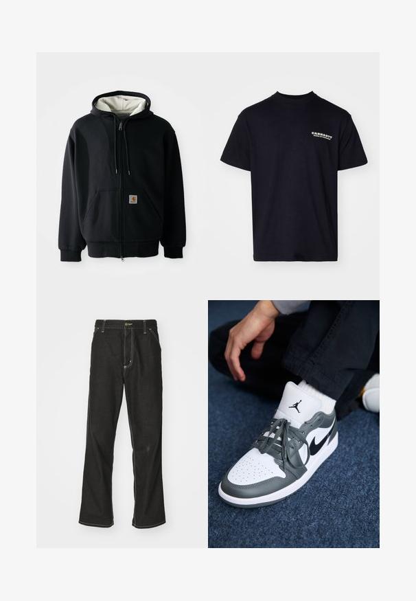 Mustmust mustriide, millel on valge vooder, eest taskud, reguleeritav kapuuts ja väike logo plaastriga vasakul taskul. Sile kangastekstuuri.; Carhartt WIP RUNAWAY - Trükipildiga T-särk - black/wax; Mustadest denimist püksid, lahtise lõikega, kontrastsete valgete õmblustega, nööbiga kinnitamine ja sirge säär.; Nike Air Jordan 1 jooksujalatsid valges ja hallis nahas, musta logo, perforatsiooni varvasteosas ja tasasel hallil paelal.