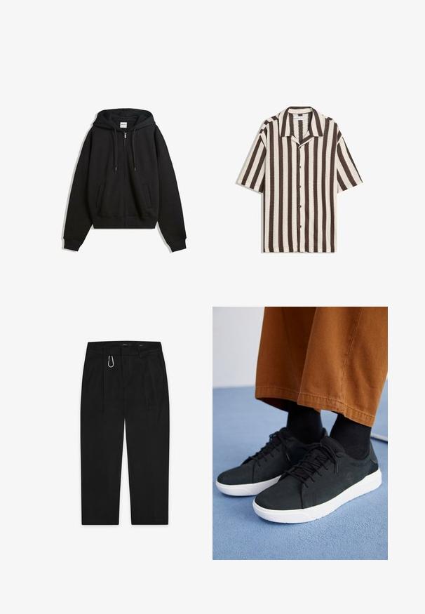Černá mikina s kapucí na zip, volného střihu, s širokými rukávy, předními kapsami a nastavitelnou kapucí se šňůrkou. Vyrobena z měkkého, strukturovaného materiálu.; Košile s krátkým rukávem, s hnědými a béžovými vertikálními pruhy a rozepínacím límcem, položená na bílém pozadí.; Černé kalhoty s rovnými nohavicemi, vybavené stříbrnou kovovou karabinou a dvěma bočními kapsami. Vyrobené z hladkého materiálu.; Černé semišové tenisky s bílými gumovými podešvemi, s šněrovacím designem, texturovanými detaily a jemným logem, spárované s hnědými kalhotami.