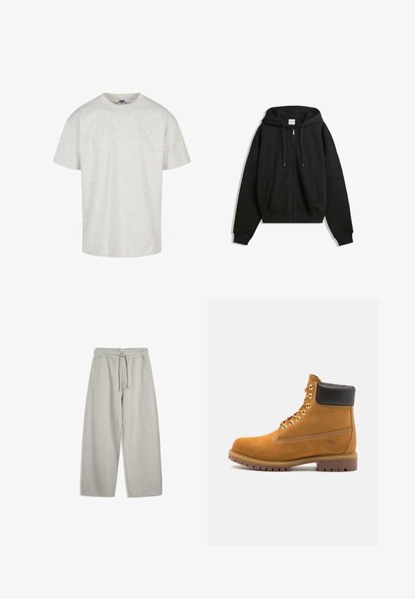 Schwarze Kapuzenjacke mit durchgehendem Reißverschluss, lässiger Passform, weiten Ärmeln, Fronttaschen und verstellbarem Kordelzug an der Kapuze. Hergestellt aus weichem, strukturiertem Material.; Helles graues Baumwoll-T-Shirt mit kurzen Ärmeln, einem Rundhalsausschnitt und einer lässigen Passform. Texturiertes Gewebe mit einem dezenten melierten Muster.; Helle graue Jogginghose aus einem weichen Baumwollmix, mit elastischem Taillenbund und Bindegürtel, zwei Seitentaschen und einem entspannten, weit geschnittenen Design.; Beige Wildleder-Ankle-Boot mit schwarzem gepolstertem Kragen, goldenen Metallösen, weißen Nähdetalben und einer robusten Gummisohle mit ausgeprägtem Profil.
