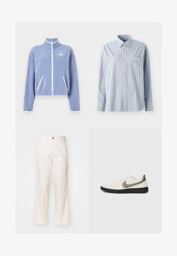 Svetlo vijoličasta flis jakna z visokim ovratnikom, sprednjim zadrgo, dvema žepoma in belimi detajli ob zadrgi in robu. Nike logo na prsih.; Svijetloplava košulja dugih rukava s dugmadi, s bijelim i tamnim vertikalnim prugama i prednjim džepom na prsima s bijelim vezom.; Široke hlače iz kremaste tkanine z tankimi rdečimi navpičnimi črtami. Imajo zapiranje na gumb in sprednje žepe, gladka tekstura.; Nike Sportswear FIELD GENERAL - Športni copati - off-white/black