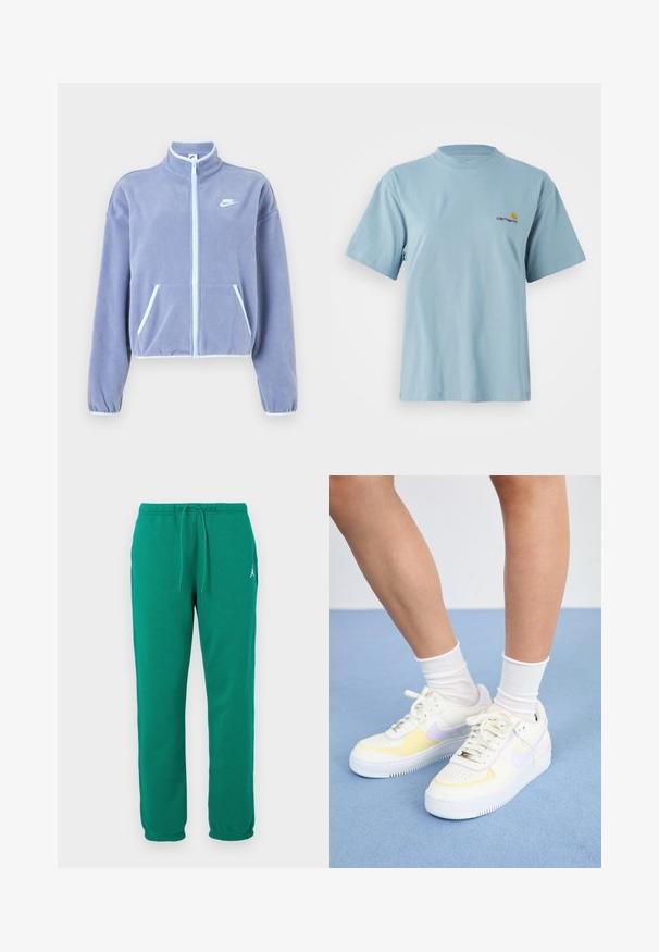 Svijetlopurple fleecedžemper s visokim ovratnikom, prednjim zatvaračem, dva džepa i bijelim naglascima duž zatvarača i rubova. Nike logotip na prsima.; Svijetloplavi kratki pamučni majica s kratkim rukavima, okruglim izrezom i malim žutim i crvenim Carhartt logom na lijevoj strani prsiju.; Zelene trenirke od mješavine pamuka, s elastičnim pojasom i vezicom te bočnim džepom. Klasičan ravni kroj.; Bijele kožne tenisice s žutim i lavandinim naglascima, okrugli vrh, ravne vezice i teksturirana gumena potplat. Nosene s bijelim čarapama.