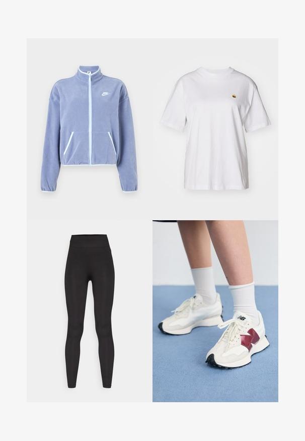 Világoslila polárdzseki magas gallérral, elülső cipzárral, két zsebbel és fehér díszítéssel a cipzáron és a szegélyén. Nike logó a mellkason.; Fehér pamut póló laza szabással, rövid ujjakkal és egy kis hímzett logóval a bal mellrészén.; Magas derekú fekete legginsz rugalmas anyagból, sima textúrával és testhezálló kialakítással a kényelmes, karcsúsított illeszkedés érdekében.; Fehér sneaker pár, bordó kiegészítőkkel, texturált panelekkel, lapos fekete talppal és világos fűzőkkel, fehér bokazoknival viselve.