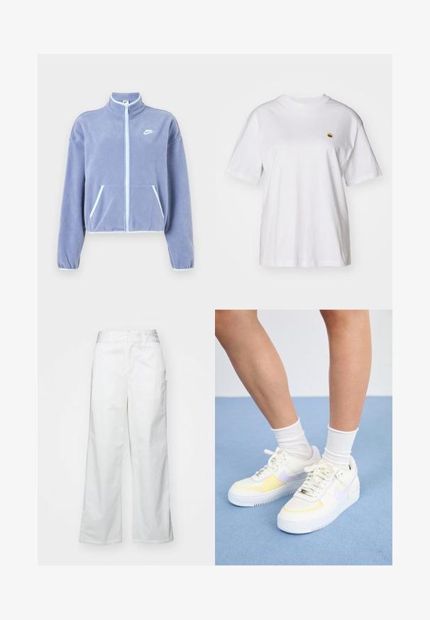 Svetlo vijoličasta flis jakna z visokim ovratnikom, sprednjim zadrgo, dvema žepoma in belimi detajli ob zadrgi in robu. Nike logo na prsih.; Bela bombažna majica s sproščenim krojem, kratkimi rokavi in majhnim vezenim logotipom na levi strani prsnega predela.; Bele hlače širokega kroja iz bombaža, z gladko teksturo, pravim fitom, sprednjimi žepi in čistim robom.; Bele usnjene superge z rumenimi in sivimi poudarki, okrogla noska, ravne vezalke in teksturiran gumen podplat. Nosi se z belimi nogavicami.