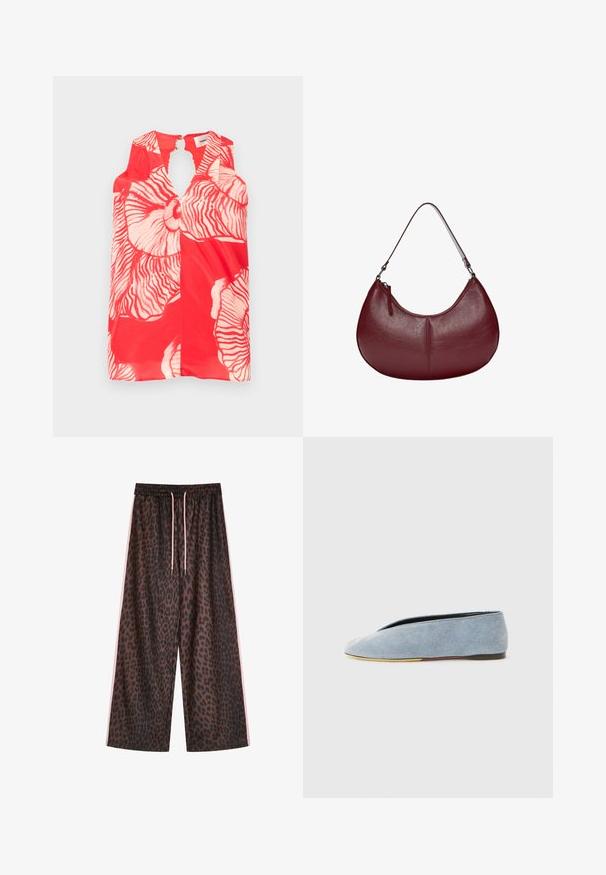 Rosa, kurz geschnittene Strickjacke mit langen Ärmeln, rundem Hals und Knopfverschluss. Hergestellt aus weichem, strukturiertem Material mit gerippten Bündchen und Saum.; Ärmelloses rotes Oberteil mit großen weißen Blumenmustern und einem Schlüsselloch-Ausschnitt am Hals. Strukturierter, leichter Stoff.; Leopardenmuster weite Hose in Braun und Schwarz, mit einem elastischen Taillenbund und rosa Kordelzügen sowie seitlichen rosa Streifen. Glatte Stofftextur.; Denim Slipper in Hellblau mit glatter Textur, mandelförmiger Spitze und flacher schwarzer Sohle. Minimales Design mit niedrigem Profil.; Weinrote Lederhandtasche mit einer geschwungenen Form. Verfügt über einen einzelnen Schulterriemen und einen oberen Reißverschluss, der eine glatte, strukturierte Oberfläche präsentiert.; Silberne Halskette mit einem glatten, ovalen Anhänger, der mit einem gravierten Smiley-Gesicht und grünen Akzenten verziert ist. Die Kette hat ineinandergreifende Glieder.