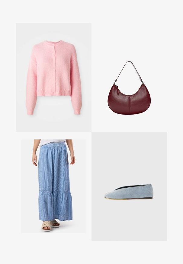 Różowy krótki kardigan z długimi rękawami, okrągłym dekoltem i zapięciem na guziki. Wykonany z miękkiego, teksturowanego materiału z prążkowanymi mankietami i dołem.; Jasnoniebieski bezrękawnik z prążkowanej tkaniny, okrągłym dekoltem i małym logo wyszytym na środku. Gładka tekstura, dopasowany krój.; Niebieska i biała maxi spódnica w paski z elastycznym paskiem, marszczonymi warstwami i lekkim materiałem. W połączeniu z puszystymi sandałami.; Denimowe buty wsuwane w jasnym niebieskim kolorze, o gładkiej fakturze, migdałowym kształcie czubka i płaskiej czarnej podeszwie. Minimalistyczny design o niskim profilu.; Bordowa skórzana torebka o zakrzywionym kształcie. Posiada jeden pasek na ramię i zamek błyskawiczny u góry, prezentując gładką, teksturowaną powierzchnię.; Srebrny naszyjnik z gładkim, owalnym wisiorkiem, na którym wygrawerowana jest uśmiechnięta buźka ozdobiona zielonymi akcentami. Łańcuszek ma ogniwa połączone ze sobą.