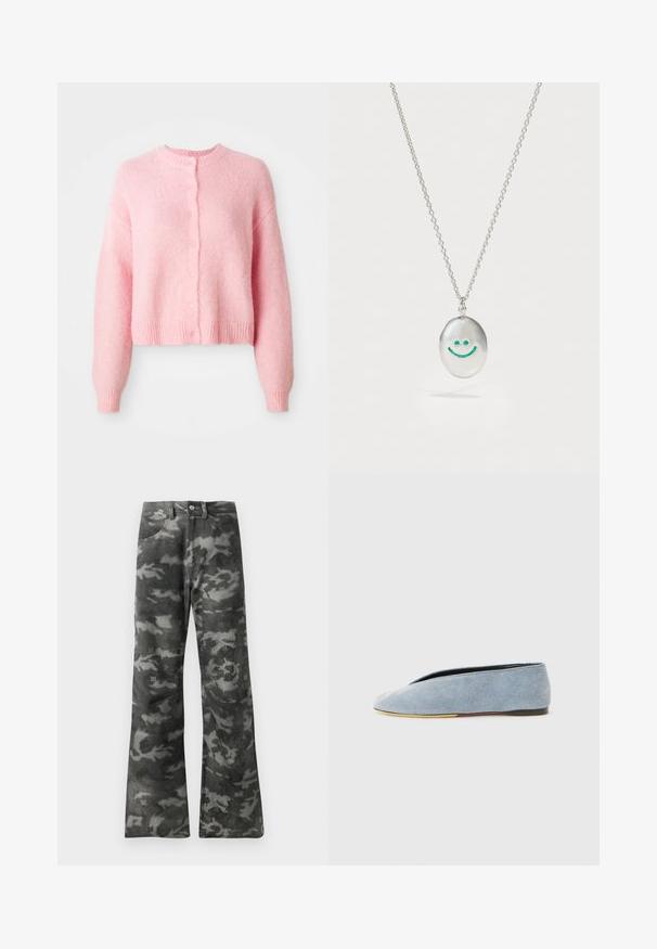 Cardigan rose court avec des manches longues, un col rond et une fermeture par boutons. Fabriqué à partir d'un matériau doux et texturé, avec des poignets et un ourlet côtelés.; Débardeur sans manches en coton ribbé bleu clair avec un col rond et un petit logo brodé au centre. Texture lisse, silhouette ajustée.; Jean droit en denim noir et gris foncé à motif camouflage, avec fermeture à bouton et zip et poches avant.; Chaussure slip-on en denim de couleur bleu clair avec une texture lisse, un bout en amande et une semelle noire plate. Design minimaliste avec un profil bas.; Collier en argent avec un pendentif ovale lisse présentant un visage souriant gravé orné d'accents verts. La chaîne est composée de maillons entrelacés.