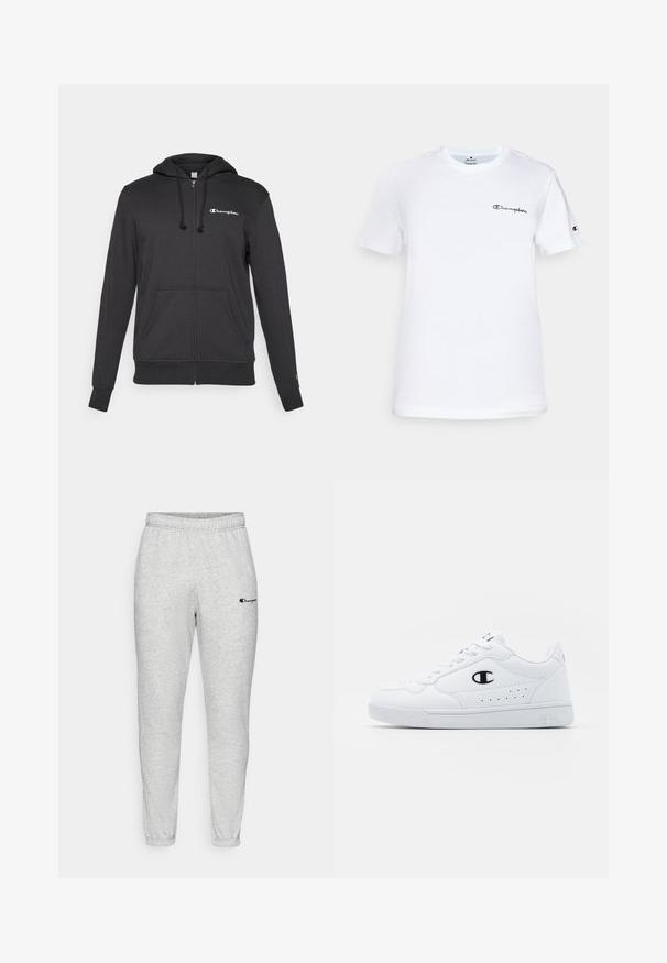 Black zip-up hoodie made of soft fabric with a drawstring hood, front pockets, and a small white logo on the upper left chest.; White cotton t-shirt with a crew neckline, short sleeves, and a black embroidered "Champion" logo on the chest and sleeve accent.; Gray sweatpants with an elastic waistband, tapered legs, and a small embroidered logo. Made of soft, textured fabric.; White athletic sneakers with a smooth synthetic upper, black logo accent, and perforated detailing on the side. Rubber sole.