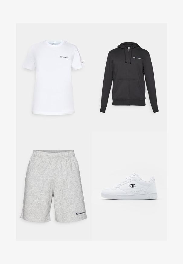 Zwarte ritssluiting hoodie gemaakt van zachte stof met een trekkoordcapuchon, voorzakken en een klein wit logo op de bovenste linkerborst.; Witte katoenen t-shirt met een ronde hals, korte mouwen en een zwart geborduurd "Champion" logo op de borst en accent op de mouw.; Grijze jersey materiaal shorts met een elastische tailleband en een marineblauw "Champion" logo op de linkeronderkant.; Witte sportschoenen met een glad bovenwerk van synthetisch materiaal, zwarte logoaccenten en geperforeerde details aan de zijkant. Rubberen zool.