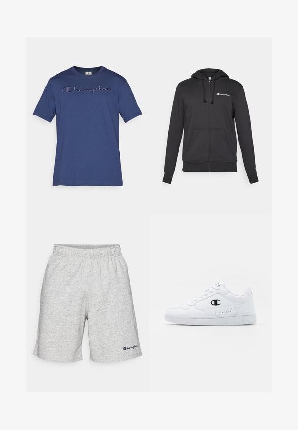 Fekete, cipzáras kapucnis felső, puha anyagból készült, húzózsinóros kapucnival, elülső zsebekkel és egy kis fehér logóval a bal felső mellrészen.; Sötétkék pamut póló, rövid ujjakkal, hímzett "Champion" logóval világosabb árnyalatban a mell részen.; Szürke pamut anyagú rövidnadrág, elasztikus derékpánttal, a bal alsó részen kék "Champion" logóval.; Fehér sportcipők sima, szintetikus felsőrésszel, fekete logóval és perforált részletekkel az oldalon. Gumi talp.