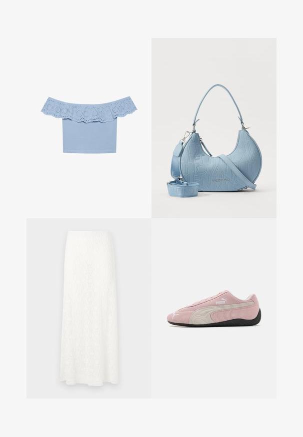 Lang, grøn blomsterlacet dække med korte ærmer, en dyb V-udskæring og en båndlukning i taljen. Letvægts og semi-gennemsigtig tekstur.; Lyseblå off-the-shoulder top med rynket kanter og øjebliksudskæringer. Glat stof med en tætsiddende design.; Hvid blonde maxi nederdel med et struktureret mønster, elastisk talje og en flagrende form. Stoffet ser let og luftigt ud.; Lyserøde ruskinds sneakers med grå detaljer, strømlinet design, tekstureret overdel og sort gummisål. Har Puma-logo på siden.; Lysblå lædertaske med prægede logo-design, buet form og justerbar skulderrem. Har metalhardware-accenter.