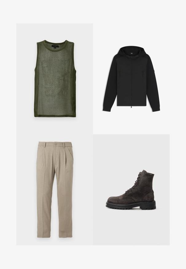 Felpa nera con zip realizzata in materiale morbido, con cappuccio, due tasche sul petto con zip e polsini a coste, dal design elegante e minimalista.; Top in rete verde oliva con scollo rotondo, design senza maniche e tessuto testurizzato caratterizzato da un motivo a griglia.; Pantaloni beige su misura con frontale piatto, due pince e chiusura con bottone. Realizzati in un tessuto leggero e liscio con gamba diritta.; Stivaletto alla caviglia in suede grigio scuro con punta rotonda, chiusura con lacci e suola in gomma nera spessa con grip testurizzato. Dettagli di design minimalista.