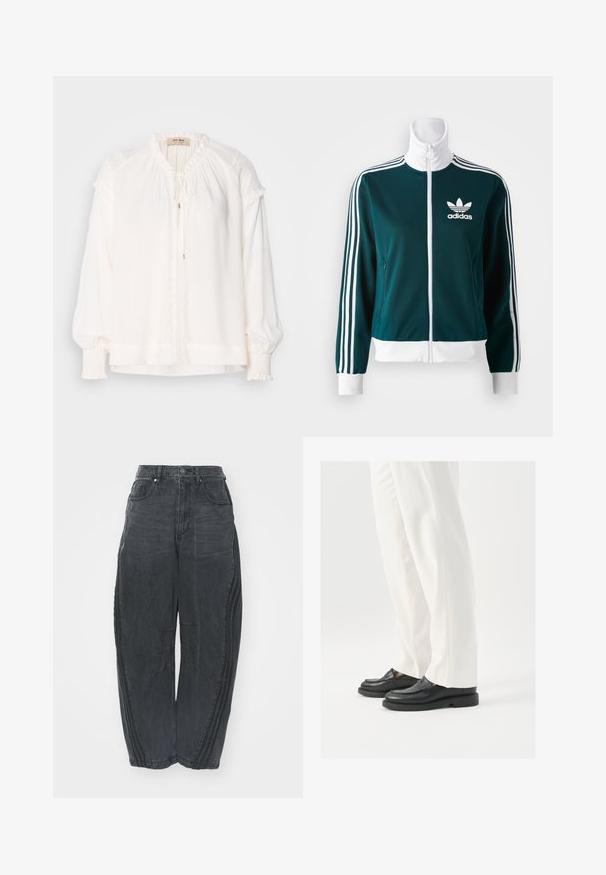 Teal zip-up jacket made of smooth fabric, featuring white three-stripe accents on sleeves and a white collar, with an Adidas logo on the chest.; White long-sleeve blouse made of lightweight fabric, featuring a gathered neckline, ruffled accents at sleeves, and a front tie closure.; Baggy black denim jeans with a faded finish, five pockets, a waist button closure, and stitched detailing on the front and sides.; Black leather loafers with a smooth texture, stitch detailing, and a rounded toe, paired with white tailored pants.