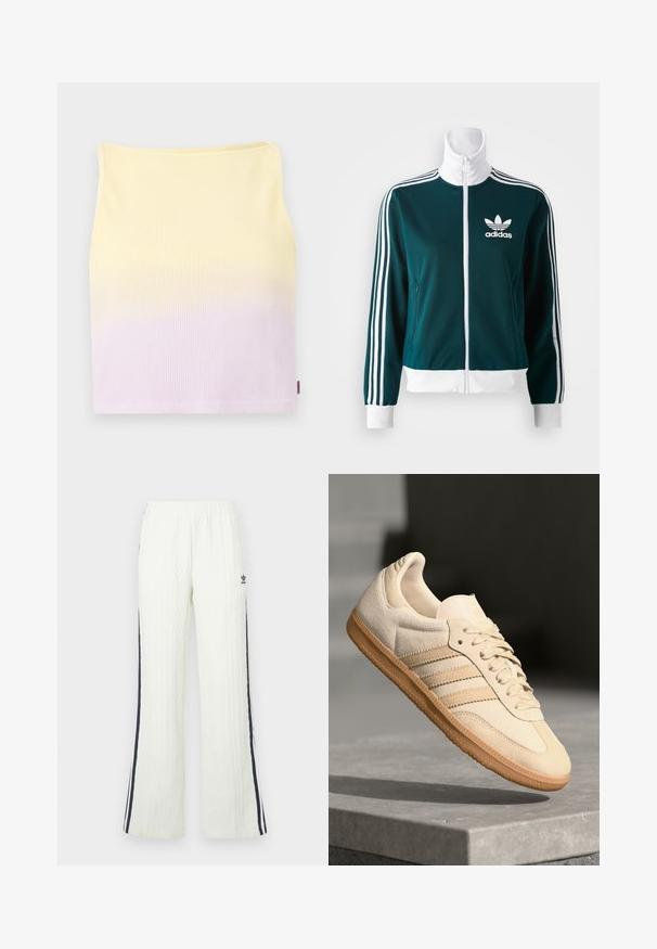 Jachetă teal cu fermoar, realizată dintr-un material neted, cu accente albe sub formă de trei dungi pe mâneci și un guler alb, având logo-ul Adidas pe piept.; Top scurt din tricot cu model cu dungi, având un gradient de la galben la mov deschis, cu o formă ajustată și un decolteu rotund.; Pantaloni tricotati crem deschis, cu design evazat. Prezintă dungi laterale albastre închise și un logo Adidas pe șold. Talie elastică.; Sneaker din suède bej deschis, cu talpă din cauciuc, trei dungi diagonale și o capacă texturată pentru degete. Prezintă logo pe limbă și pe lateral.
