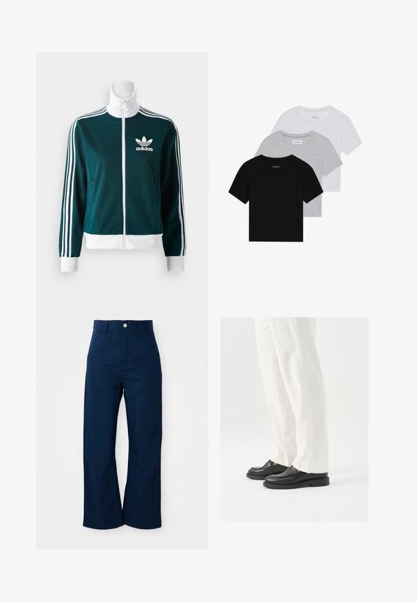 Veste zippée en teal en tissu lisse, avec des accents blancs à trois bandes sur les manches et un col blanc, portant un logo Adidas sur la poitrine.; Ensemble de trois t-shirts à manches courtes en noir, gris et blanc. Fabriqués en coton, avec un col rond et un design simple de couleur unie.; Pantalons larges bleu marine en tissu robuste, dotés d'une fermeture à bouton sur le devant et de quatre poches avec une texture lisse.; Mocassins en cuir noir avec une texture lisse, des détails de couture et un bout arrondi, associés à un pantalon blanc ajusté.