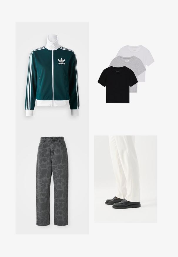 Teal zip-up jakna, izdelana iz gladkega materiala, z belimi trojnimi trakovi na rokavih in belim ovratnikom, z Adidasovim logotipom na prsih.; Komplet treh majic s kratkimi rokavi v črni, sivi in beli barvi. Izdelane iz bombaža, z okroglim izrezom in preprostim, enobarvnim dizajnom.; Sive kavbojke z cvetnim vzorcem, visok pas, ravna nogavica in klasičen dizajn s petimi žepi. Trpežna tkanina z rahlo teksturo.; Črne usnjene loaferje z gladko teksturo, šivi in zaobljenim prstom, pomešane z belimi krojenimi hlačami.
