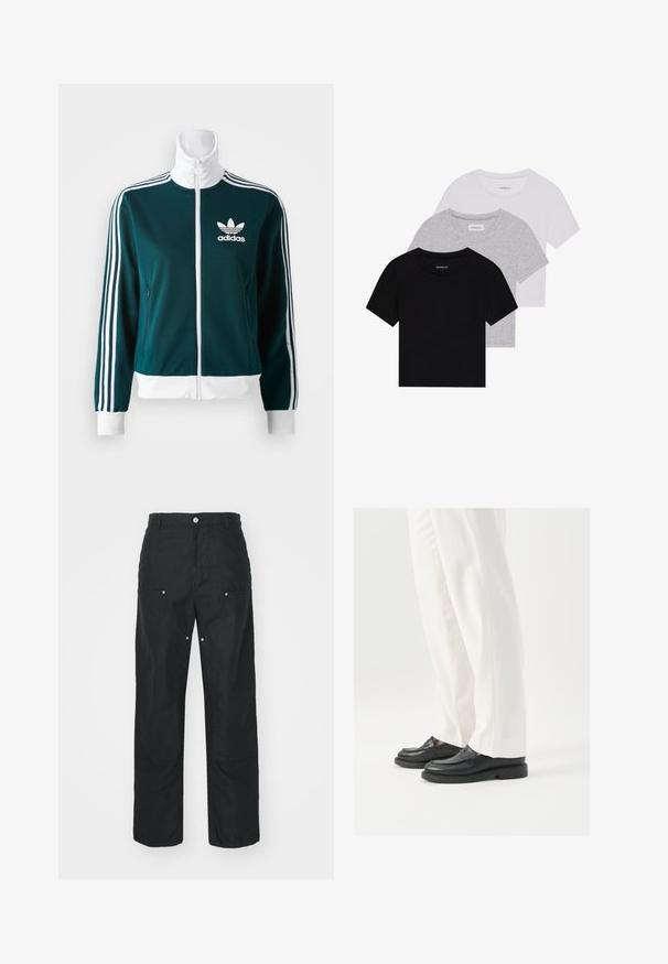 Chaqueta de cremallera en color verde azulado, hecha de una tela suave, con acentos de tres rayas blancas en las manga y un collar blanco, y un logo de Adidas en el pecho.; Conjunto de tres camisetas de manga corta en negro, gris y blanco. Están hechas de algodón, cuentan con cuello redondo y un diseño simple de un solo color.; Pantalones negros con un diseño de pierna recta, hechos de una tela texturizada. Presentan adornos de metal plateado decorativos y un diseño de costura único.; Mocasines de cuero negro con una textura suave, detalles de costura y punta redondeada, combinados con pantalones blancos ajustados.