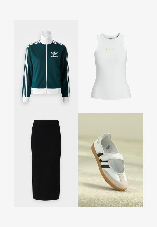 Chaqueta de cremallera en color verde azulado, hecha de una tela suave, con acentos de tres rayas blancas en las manga y un collar blanco, y un logo de Adidas en el pecho.; Camiseta sin mangas blanca de algodón con diseño ajustado, que presenta un bordado verde con el texto "UN POCO DRAMÁTICO" en la parte frontal.; Falda midi de punto negra con una silueta ajustada, que presenta una cintura elástica ancha y una textura suave, sin patrones o acentos discernibles.; Zapato blanco con puntera de ante rosa, rayas negras y una correa de Velcro. Cuenta con una suela de goma color tostado y un logo en el lateral.