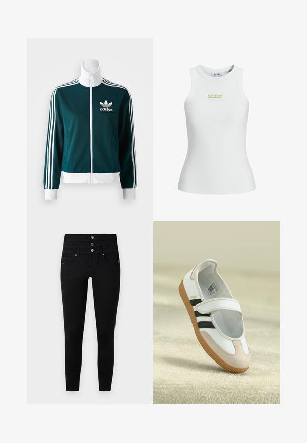 Teal värvi tõmblukk-jakk, mis on valmistatud sileda materjali, millel on valged kolme triibu aktsendid varrukatel ja valge krae, ning Adidas logo rinnal.; Valge ribatreeningusärk, millel on keha lähedane lõige, esiküljel rohelise tikandiga tekst "VEIDI DRAMAATILINE".; Mustad mustad teksad kõrge vöökohtaga, millel on kolm hõbedast nööpi, kaks eesmist taskut ja sile, veniv kangas.; Valge king, millel on roosa sametist varvas, mustad triibud ja Velcro rihm. Omab pruuni kummist talla ja külje peal logo.
