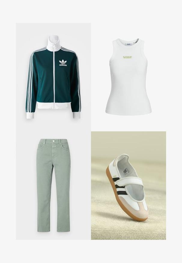 Jachetă teal cu fermoar, realizată dintr-un material neted, cu accente albe sub formă de trei dungi pe mâneci și un guler alb, având logo-ul Adidas pe piept.; Tricou fără mâneci alb, cu un design ajustat, având textul brodat în verde "UN PIC DRAMATIC" pe față.; Pantaloni din bumbac de culoare verde deschis, cu croi drept, dotati cu buzunare frontale, închidere cu nasture și detalii de cusut discrete.; Pantof de culoare albă cu vârful din suede roz, dungi negre și curea cu arici. Are o talpă din cauciuc bej și un logo pe lateral.