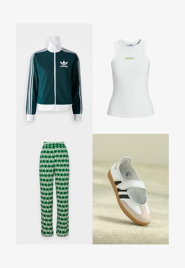 Teal värvi tõmblukk-jakk, mis on valmistatud sileda materjali, millel on valged kolme triibu aktsendid varrukatel ja valge krae, ning Adidas logo rinnal.; Valge ribatreeningusärk, millel on keha lähedane lõige, esiküljel rohelise tikandiga tekst "VEIDI DRAMAATILINE".; Roheline ja koorivärvi laiad püksid, millel on mustade geomeetriliste lehepiltide korduv muster. Valmistatud kergest kangast, millel on sile tekstuur.; Valge king, millel on roosa sametist varvas, mustad triibud ja Velcro rihm. Omab pruuni kummist talla ja külje peal logo.