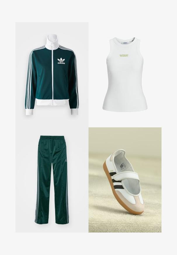 Zöldes kék, cipzáras dzseki sima anyagból, fehér háromcsíkos díszítéssel a karokon és fehér gallérral, az elején Adidas logóval.; Fehér bordázott ujjatlan felső, testhezálló szabású, amelynek elülső részén zöld hímzett szöveg olvasható: "KIS FESZTIVITÁS".; Sötétzöld sportnadrág fényes anyagból, világosszürke oldalsávokkal és az előoldalon hímzett logóval a bal lábon.; Fehér cipő rózsaszín velúr orrával, fekete csíkokkal és tépőzárral. Barna gumitalppal rendelkezik, és az oldalán egy logó található.