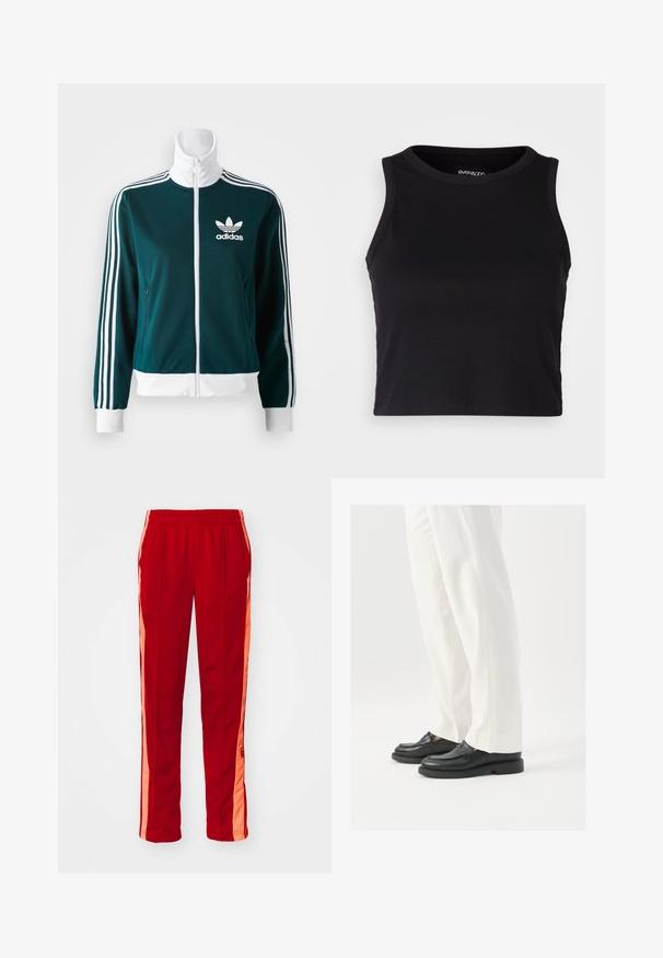 Casaco zip-up em tom teal, feito de tecido suave, com detalhes em branco nas mangas e um colarinho branco, apresentando o logótipo da Adidas no peito.; Top cropped preto canelado com gola redonda e design sem mangas. Feito de um tecido macio e elástico, apresentando bordas limpas e com bainha.; Calças atléticas vermelhas com um cós elástico, apresentando dois bolsos laterais e riscas laterais laranja em contraste. Tecido liso e leve.; Mocassins de couro preto com uma textura suave, detalhes de costura e bico arredondado, combinados com calças brancas ajustadas.