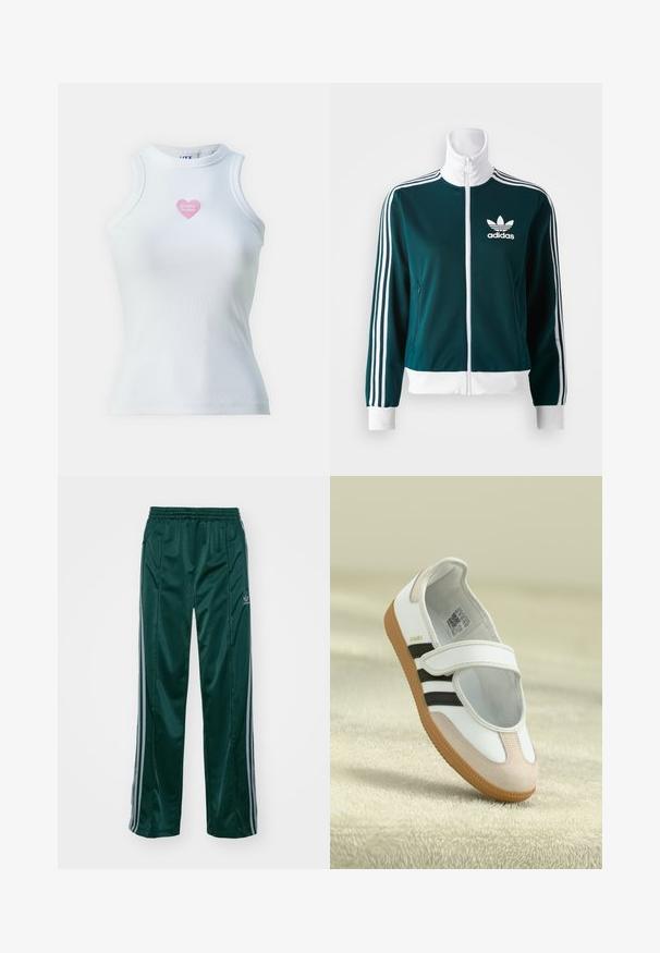 Turkusowa kurtka zapinana na zamek, wykonana z gładkiego materiału, z białymi, trzema paskami na rękawach oraz białym kołnierzykiem, z logo Adidas na klatce piersiowej.; JJXX JXFOREST biały; Ciemnozielone spodnie sportowe wykonane z błyszczącego materiału, z bocznymi paskami w jasnoszarym kolorze oraz haftowanym logo na lewej nodze.; Białe buty z różowym zamszowym noskiem, czarnymi paskami i rzepem. Posiadają beżową gumową podeszwę oraz logo po boku.