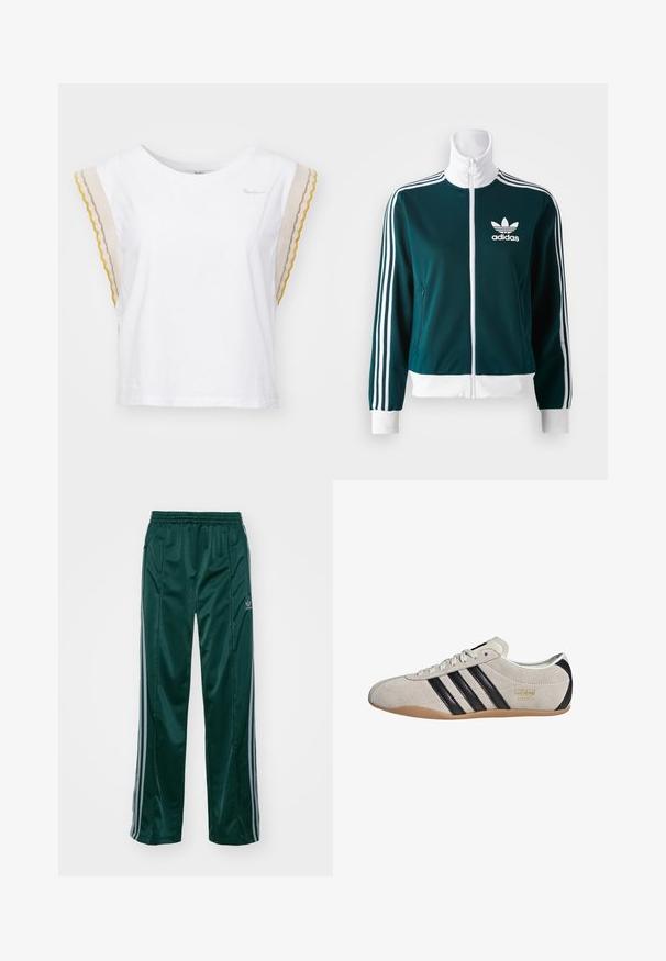 Zöldes kék, cipzáras dzseki sima anyagból, fehér háromcsíkos díszítéssel a karokon és fehér gallérral, az elején Adidas logóval.; Fehér pamut póló rövid, hullámos ujjakkal bézs, sárga és szürke színben. Kerek nyakkivágással és kis márkás logóval a mellrészen.; Sötétzöld sportnadrág fényes anyagból, világosszürke oldalsávokkal és az előoldalon hímzett logóval a bal lábon.; Suede sportcipő szürke felsőrésszel, fekete csíkokkal és gumiból készült talppal. Fűzős záródással és arany logó részlettel rendelkezik az oldalon.