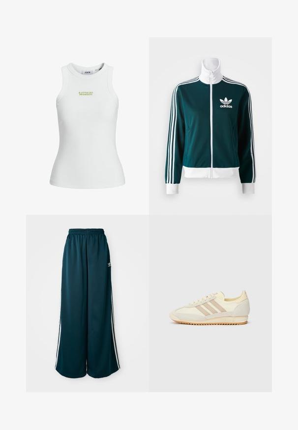 Jachetă teal cu fermoar, realizată dintr-un material neted, cu accente albe sub formă de trei dungi pe mâneci și un guler alb, având logo-ul Adidas pe piept.; Tricou fără mâneci alb, cu un design ajustat, având textul brodat în verde "UN PIC DRAMATIC" pe față.; Pantaloni de trening largi, de culoare teal, cu talie elastică, având trei dungi albe pe laterale și un logo Adidas pe partea stângă.; Adidași atletici crem cu trei dungi bej, realizati din materiale din suede și textil, cu o talpă texturată și un logo embosat pe toc.