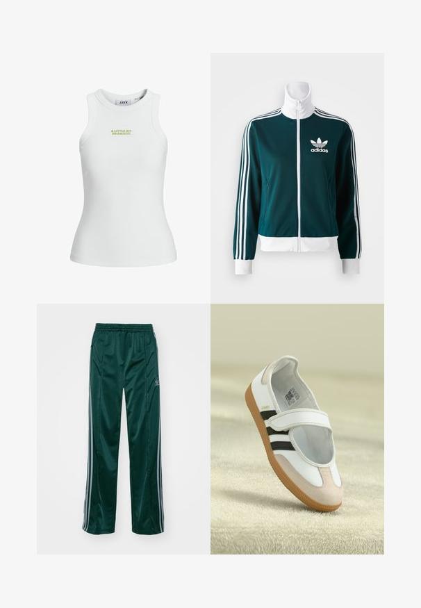 Turkusowa kurtka zapinana na zamek, wykonana z gładkiego materiału, z białymi, trzema paskami na rękawach oraz białym kołnierzykiem, z logo Adidas na klatce piersiowej.; Biała, prążkowana koszulka na ramiączkach o dopasowanym kroju, z zielonym haftowanym napisem "TROCHĘ DRAMATYCZNIE" na przodzie.; Ciemnozielone spodnie sportowe wykonane z błyszczącego materiału, z bocznymi paskami w jasnoszarym kolorze oraz haftowanym logo na lewej nodze.; Białe buty z różowym zamszowym noskiem, czarnymi paskami i rzepem. Posiadają beżową gumową podeszwę oraz logo po boku.