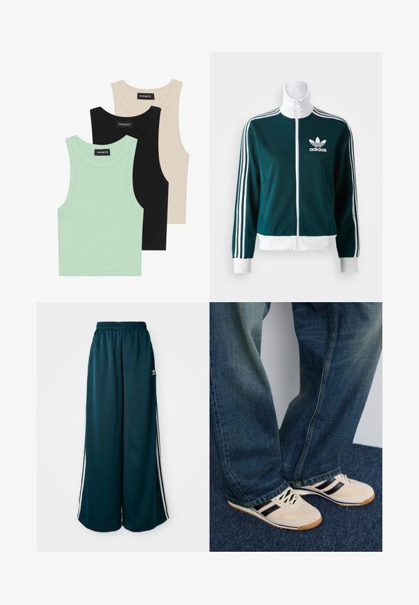 Teal zip-up jakna, izdelana iz gladkega materiala, z belimi trojnimi trakovi na rokavih in belim ovratnikom, z Adidasovim logotipom na prsih.; Tri tanke s kratkimi rokavi v mint zeleni, črni in bež barvi; narejene iz rebrastih tkanin z okroglim izrezom in brez rokavov. Vidna oznaka blagovne znamke.; Teal široke trenirke z elastičnim pasom, ki imajo tri bele črte ob straneh in Adidasov logotip na levi strani.; Kreme copati z črnimi črtami in mrežnimi paneli, v kombinaciji z modrimi džins hlačami z blago obrabljenim videzom in raztrganimi robovi.