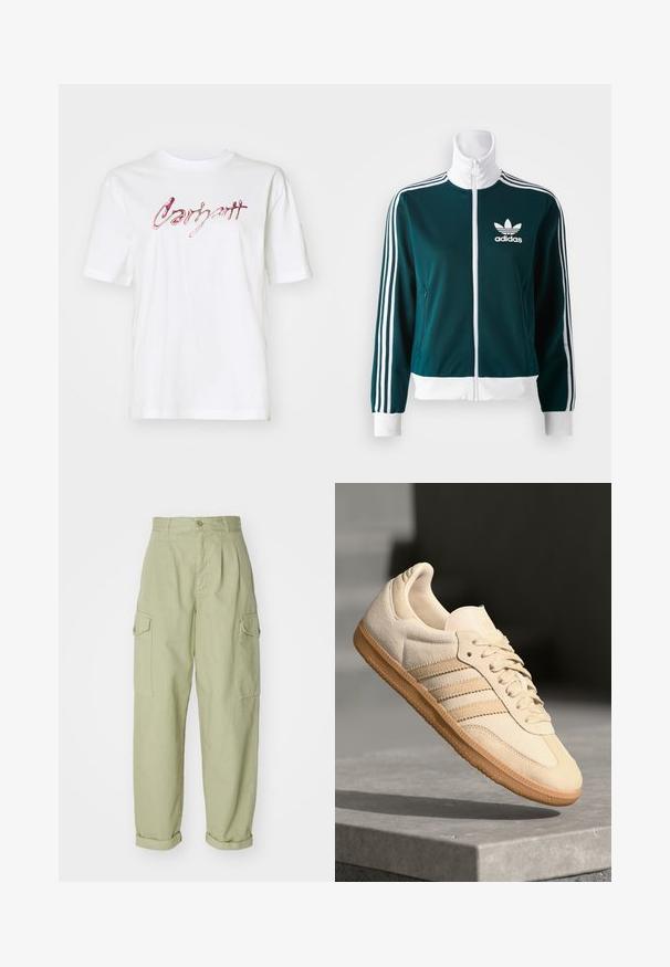Teal zip-up jakke laget av glatt stoff, med hvite tre-striper på ermene og en hvit krage, samt et Adidas-logo på brystet.; Hvit bomull t-skjorte med korte ermer og rund hals. Har et rosa og rødt, glinsende skriptlogo på forsiden.; Lysegrønne cargo-bukser lavet af bomuldsstof. Har høj talje, opkrøllede nederste kanter og to sidelommer tilføjet for ekstra funktionalitet.; Lys beige suedette sneakers med gummisåle, tre diagonale striper og en teksturert tåhette. Har logo på tungen og siden.