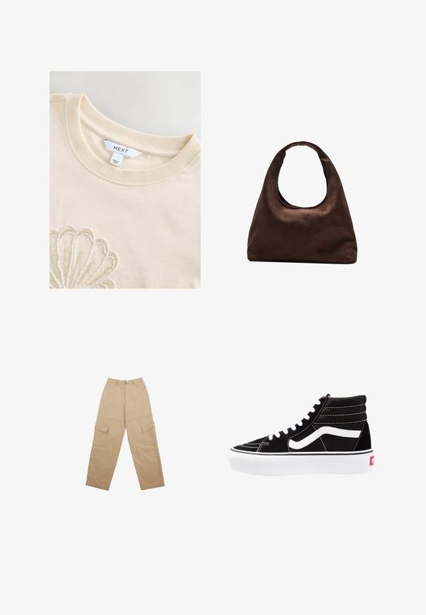 Burgunderfarbener Strickcardigan mit tiefem V-Ausschnitt, drei großen Knöpfen und geripptem Muster, langen Ärmeln und cropped Design.; Cremfarbener Baumwoll-Sweatshirt mit geripptem Rundhalsausschnitt und aufwendiger Perlenstickerei, die ein Muschel-Muster auf der Vorderseite bildet. Markenlabel sichtbar.; Beige Cargo-Hosen aus Stoff, mit zwei frontalen Taschen und einem entspannten, weiten Schnitt. Der Bund verfügt über einen Knopf- und Reißverschluss.; Schwarze High-Top-Sneaker mit weißen Schnürsenkeln, einem weißen Logo und kontrastierendem weißen Nähten. Verfügt über eine dicke weiße Sohle und ein strukturiertes Wildleder-Obermaterial.; Weiche braune Hobo-Stil Handtasche mit einem einzigen breiten Trageriemen und einer geschwungenen Oberteilöffnung, auf einem weißen Hintergrund präsentiert.