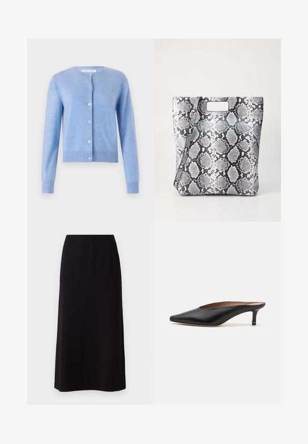 Helles blaues Strickjacke aus weichem Strickstoff, mit rundem Ausschnitt, langen Ärmeln und durchgehender Knopfleiste mit hellblauen Knöpfen.; Weißes Tanktop mit dünnen Trägern, aus geripptem Baumwollstoff, mit einem geraden Ausschnitt und einem sauberen Abschluss am Saum.; Schwarzer Maxirock mit einer glatten, weichen Textur und einem elastischen Bund. Einfacher, gerader Schnitt ohne sichtbare Muster oder Verzierungen.; Schwarze Leder-Mules mit spitzem Zehenbereich und niedrigem Blockabsatz. Glatte Textur mit elegantem Design. Offene Rückseite mit minimaler Gestaltung.; Schwarz-weiße Schlangenleder-Print Tragetasche mit rechteckigem Ausschnittgriff, glatter Textur und strukturiertem Design. Verstellbarer Riemen inklusive.