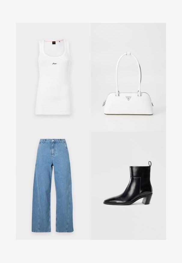 Lyseblå cardigan laget av myk strikket stoff, med rund hals, lange ermer og knappest closure med lyseblå knapper.; Hvit bomullstanktop med ribbet tekstur, med rund hals og en liten sort brodert logo på forsiden.; Lyseblå vide jeans laget av denim, med høy liv, rett snitt og kontrasterende sømmer langs sømmene.; Sorte skinn ankle boots med spiss tå, geometrisk stablet hæl og en drasnor bak. Glatt tekstur og elegant design.; Hvit skinnhåndveske med en buet form, utstyrt med en sølvfarget, trekantet logo og glidelåsstengning. Glatt tekstur og doble håndtak.