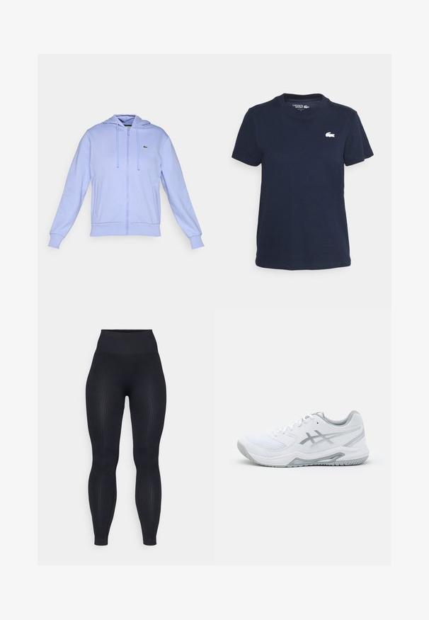 Hellblauer Zip-Hoodie mit Fronttaschen, Kordelzugkapuze, gerippten Bündchen und einem kleinen grünen Krokodil-Logo auf der linken Brust.; Marineblaue Baumwoll-T-Shirt mit Rundhalsausschnitt und kurzen Ärmeln. Mit kleinem weißen Lacoste-Logo auf der linken Brust. Weiches Material.; Schwarze gerippte Leggings mit hohem Bund, aus dehnbarem Material gefertigt. Verfügt über eine glatte Textur mit vertikalen Mustern.; Weißer Sportschuh aus Mesh und synthetischen Materialien, mit grauen Akzenten und Schnürsenkeln, strukturiertem Sohlen, gebogenem Design und Logodetails.