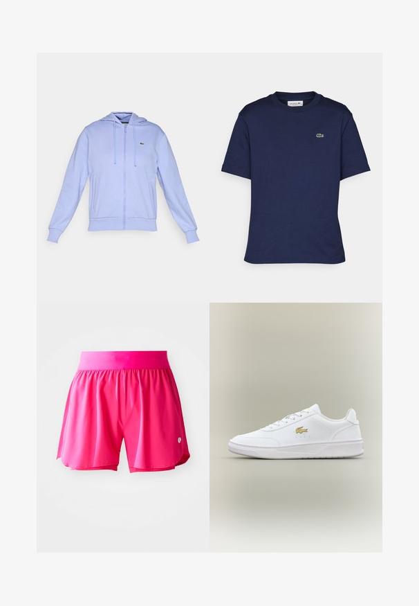 Lys lilla zip-up hettegenser med frontlommer, snorhette, ribbede mansjetter og en liten grønn krokodille-logo på venstre bryst.; Korte ermer mørkeblå t-skjorte laget av bomull, med rund hals og en liten grønn Lacoste-logo på venstre bryst.; Rosa idrettsshorts laget av lett materiale. Har elastisk midje og sidespalter for bevegelighet. Liten logo foran.; Hvite skinnesko med en jevn tekstur, med et gulllogo, snøring og subtile perforeringer på siden.
