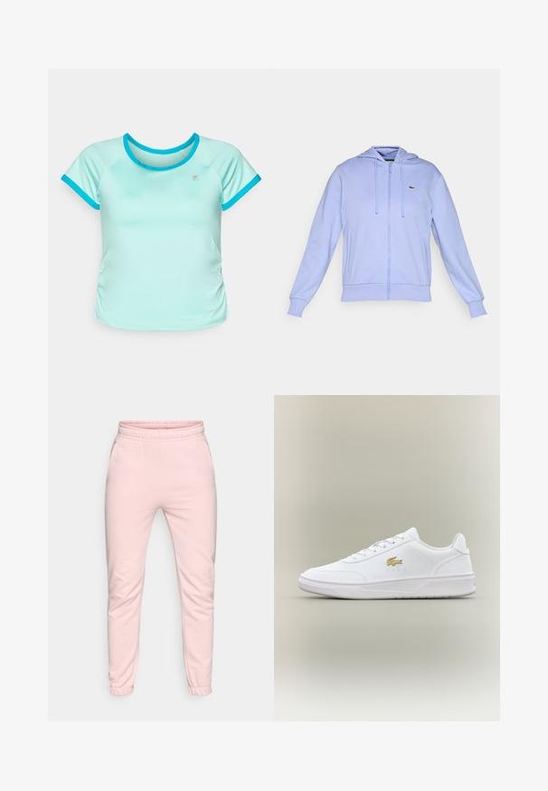 Ljuslila zip-up huvtröja med framfickor, dragsko i huvan, ribbade mudd och en liten grön krokodil-logotyp på vänster bröst.; Ljusblå träningsskjorta med korta raglanärmar, rundad halsringning och kontrasterande turkosa detaljer. Har en samlad detalj på sidorna.; Ljusrosa sweatpants gjorda av mjukt material, med en elastisk midja, avsmalnande ben och elastiska muddar vid anklarna. Två sidofickor.; Vita lädersneakers med en slät textur, utrustade med en guldig logotyp, snörningsdesign och subtila perforeringar på sidan.
