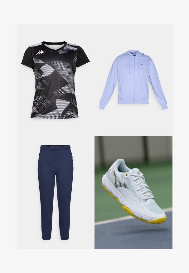 Jasnofioletowa bluza z zamkiem błyskawicznym, posiadająca kieszenie z przodu, kaptur ze sznurkiem, ścięgno na mankietach i małe zielone logo krokodyla na lewej piersi.; Czarna koszulka sportowa z abstrakcyjnymi szarymi wzorami. Posiada krótkie rękawy i dekolt w serek. Wykonana z lekkiego, oddychającego materiału.; Granatowe spodnie dresowe z elastycznym paskiem w talii i ściągaczami przy kostkach, widok z przodu, wykonane z miękkiego materiału, idealne do codziennego noszenia.; Białe buty sportowe z teksturowaną siateczką na cholewce, żółtymi akcentami na podeszwie oraz aerodynamicznym designem z czarnym logotypem.