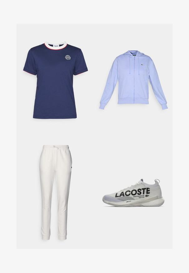 Svetlo vijolična zip-up kapuljača s prednjim žepovima, kapuljača s vrvico, rebrasti manžetni in majhen zeleni krokodilov logotip na levi strani prsnega koša.; Temno modra majica s kratkimi rokavi z belim ovratnikom, obrobljenim z rdečo. Ima majhen vezen logotip na prsih. Mehka tkanina.; Bele trenirke z elastičnim pasom in vrvico. Tkanina je mehka z gladko teksturo. Ima rebraste manšete in majhen logotip.; Bela in siva Lacoste teniska z okovjem podobnim nogavici, velikim črnim logotipom in oblazinjeno podplatom z oznako "LSRFOAM" na beli podlagi.
