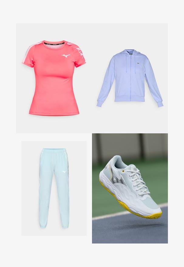 Felpa leggera di colore viola con zip, tasche frontali, cappuccio con cordoncino, polsini a coste e un piccolo logo di coccodrillo verde sul lato sinistro del petto.; Maglietta sportiva rosa realizzata in un tessuto liscio e traspirante. Caratterizzata da maniche corte, scollatura a girocollo e un logo bianco sul petto e sulle maniche.; Pantaloni sportivi di colore azzurro chiaro realizzati in tessuto liscio, con cintura elastica, gambe affusolate e un logo bianco sulla coscia sinistra.; Scarpe sportive bianche con una tomaia in mesh testurizzata, dettagli gialli sulla suola e un design aerodinamico con un dettaglio logo nero.