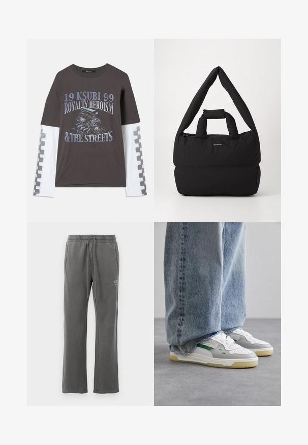 Felpa con zip grigio scuro in tessuto pile, con tasca frontale, orlo con cordino e logo discreto sul lato sinistro del petto.; T-shirt grigio scuro con maniche lunghe bianche, caratterizzato da una stampa grafica di un motore e testo blu. Motivo a scacchi lungo le maniche.; Pantaloni grigi in felpa con vita regolabile, tasche laterali e un logo discreto sulla coscia. Realizzati in un tessuto morbido e durevole, con taglio dritto.; Sneakers bianchi e grigi con accenti verdi, dotati di una tomaia in rete e suola in gomma, abbinati a jeans in denim blu con orli sfilacciati.; Borsa nera imbottita con una larga tracolla morbida e manico superiore. Caratterizzata da una chiusura con zip e un discreto logo sul davanti.