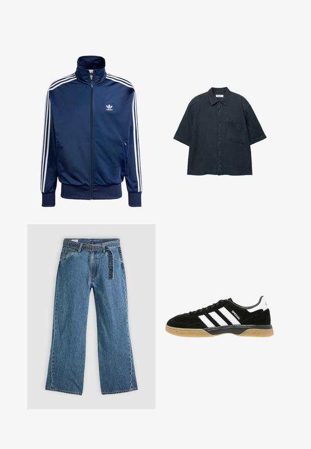 Námořnická modrá tréninková bunda Adidas, vyrobená z hladkého materiálu, s vysokým límcem, plným zipem a třemi bílými pruhy na každém rukávu.; Tmavě modrá košile s krátkým rukávem na knoflíky vyrobená z lehkého materiálu, s náprsní kapsou a klasickým designem límce.; Modré denimové široké džíny s připojeným opaskem, předními kapsami a viditelným šitím na světlém jednobarevném pozadí.; Černé semišové tenisky se třemi bílými pruhy, gumovou podrážkou a černými akcenty. Vyznačují se nízkým profilem a kulatou špičkou.