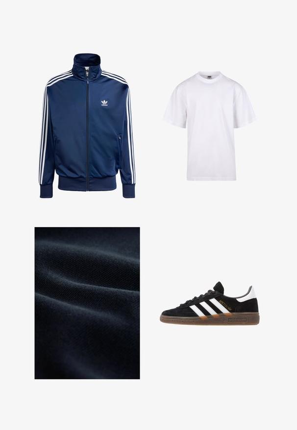 Chaqueta de chándal Adidas de color azul marino, confeccionada en tela suave, presenta un cuello alto, cremallera completa y tres franjas blancas en cada manga.; Camiseta blanca de algodón con cuello redondo, mangas cortas y un corte relajado. Presenta un diseño liso sin patrones ni detalles.; Tejido de color navy con una trama texturizada, mostrando suaves pliegues y un acabado liso, reflejando la luz de manera sutil.; Zapatilla negra de Adidas con franjas blancas, texto dorado "Spezial", suela de goma y talón blanco, mostrada en vista lateral.