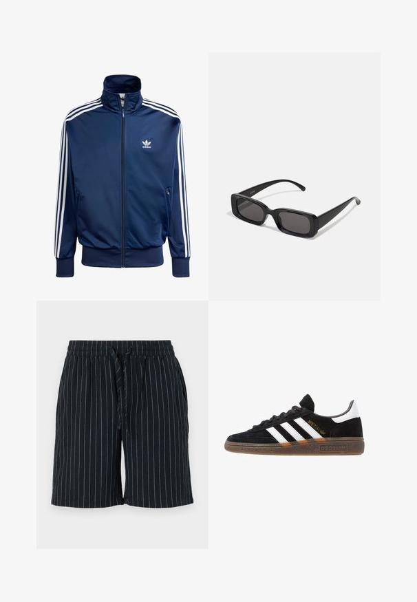 Temno modra Adidas jakna za trening iz gladkega materiala, s visokim ovratnikom, polnim zadrgo in tremi belimi črtami na vsaki rokavi.; Bela bombažna majica s kratkimi rokavi, okroglo ovratnico in sproščenim krojem. Ima minimalističen dizajn, brez vzorcev ali dodatkov.; Temno modri šortki z navpičnimi svetlimi črtami, elastičnim pasom, zavezanjem in stranskimi žepi. Narejeni so iz lahkega blaga.; Črne Adidas superge z belimi črtami, zlatim napisom "Spezial", gumo podplatom in belim petnim delom, prikazane v stranskem pogledu.; Črne pravokotne sončna očala z temnimi lečami, sijajna površina, široka ročaja in masiven okvir. Vgravirano ime blagovne znamke na eni ročaji.