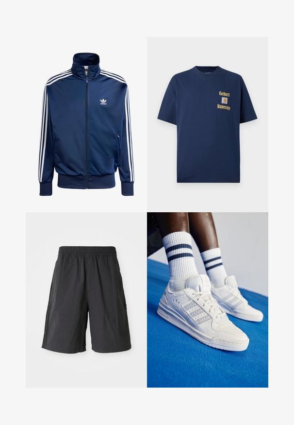 Dunkelblaues Adidas-Track-Jacke aus glattem Material, mit hohem Kragen, durchgehendem Reißverschluss und drei weißen Streifen an jedem Ärmel.; Marineblaue Baumwoll-T-Shirt mit kurzen Ärmeln, mit goldener Schrift "Carhartt University" und einem Logo-Patch auf der linken Brust.; Schwarze Shorts mit strukturiertem, geripptem Design, elastischem Bund und zwei seitlichen Taschen. Lässiger Stil, über dem Knie.; Weiße Leder-Sneaker mit perforierten Akzenten, drei metallischen Streifen und einem strukturierten Seitenpaneel. Getragen mit weißen Socken mit blauen Streifen.