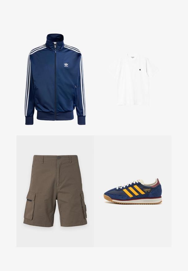 Giacca da allenamento Adidas blu navy realizzata in tessuto morbido, con colletto alto, zip completa e tre strisce bianche su ciascun maniche.; T-shirt bianca in cotone con maniche corte, colletto rotondo e un piccolo logo nero sul lato sinistro del petto. Tessuto morbido e vestibilità standard.; Pantaloni cargo verde oliva, realizzati in cotone, con due tasche laterali, chiusura con bottone e design a gamba dritta.; Sneaker in suede blu navy con strisce gialle, lacci bianchi e dettagli bordeaux. Suola testurizzata con scanalature per una maggiore aderenza. Logo del brand sul lato.