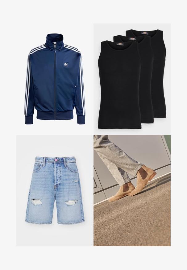 Navy blue Adidasin juoksutakki, joka on valmistettu sileästä kankaasta. Takissa on korkea kaulus, täysipitkä vetoketju ja kolme valkoista raitaa jokaisessa hihassa.; Mustat hihattomat t-paidat kolmessa paketissa. Ribbed-kudontaa, tavallinen crew-kaarroke, ilman hihoja. Helmaosa sisältää pienen brändilogon alareunassa.; Vaaleansiniset denim-shortsit, joissa on kulutettuja yksityiskohtia, repiä ja suorakaiteen muotoinen leikkaus. Mukana viisi taskua ja nappikiinnitys.; Ruskotaiset mokkasiinit Chelsea-tyyliin, joissa on joustavat sivupaneelit ja sileä vaaleanruskea kumipohja, yhdistettynä vaaleanharmaisiin housuihin teksturoidulla pinnalla.