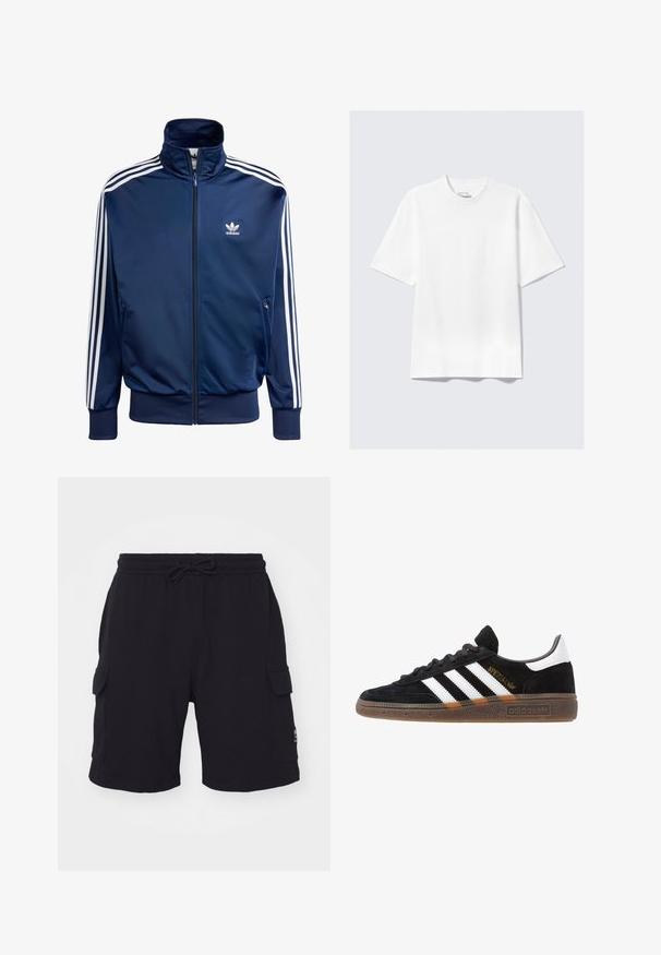 Jūras zila Adidas sporta jaka, kas izgatavota no gludas auduma, ar augstu apkakli, pilnu rāvējslēdzēju un trim baltām svītrām uz katras rokas.; Vienkārša balta īsām piedurknēm brīva T-krekls, izklāts uz gaiši pelēka fona.; Melni cargo šorti ar elastīgu jostasvietu un auklu. Aprīkoti ar divām sānu kabatām un mazu logo uzlīmi labajā pusē.; Melnas Adidas sporta kurpes ar baltām svītrām, zelta "Spezial" uzrakstu, gumijas zoli un baltu papēža daļu, attēlotas profila skatījumā.